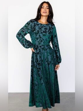 Baltic Born Uma Velvet Maxi Dress L Green Floral Texture Velvet Burnout